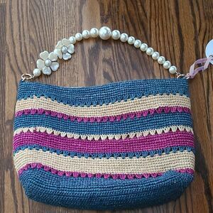 BTB Los Angeles Raffia Tote Bag With Faux Pearl Handle - NWT